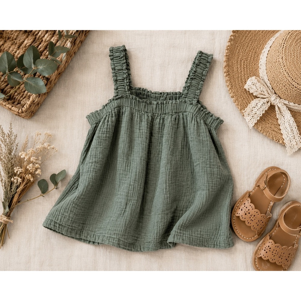 GAP Kids Girls Top Size L 10 11 Sage Green Gauze Cotton Ruffle Strap Boho Summer